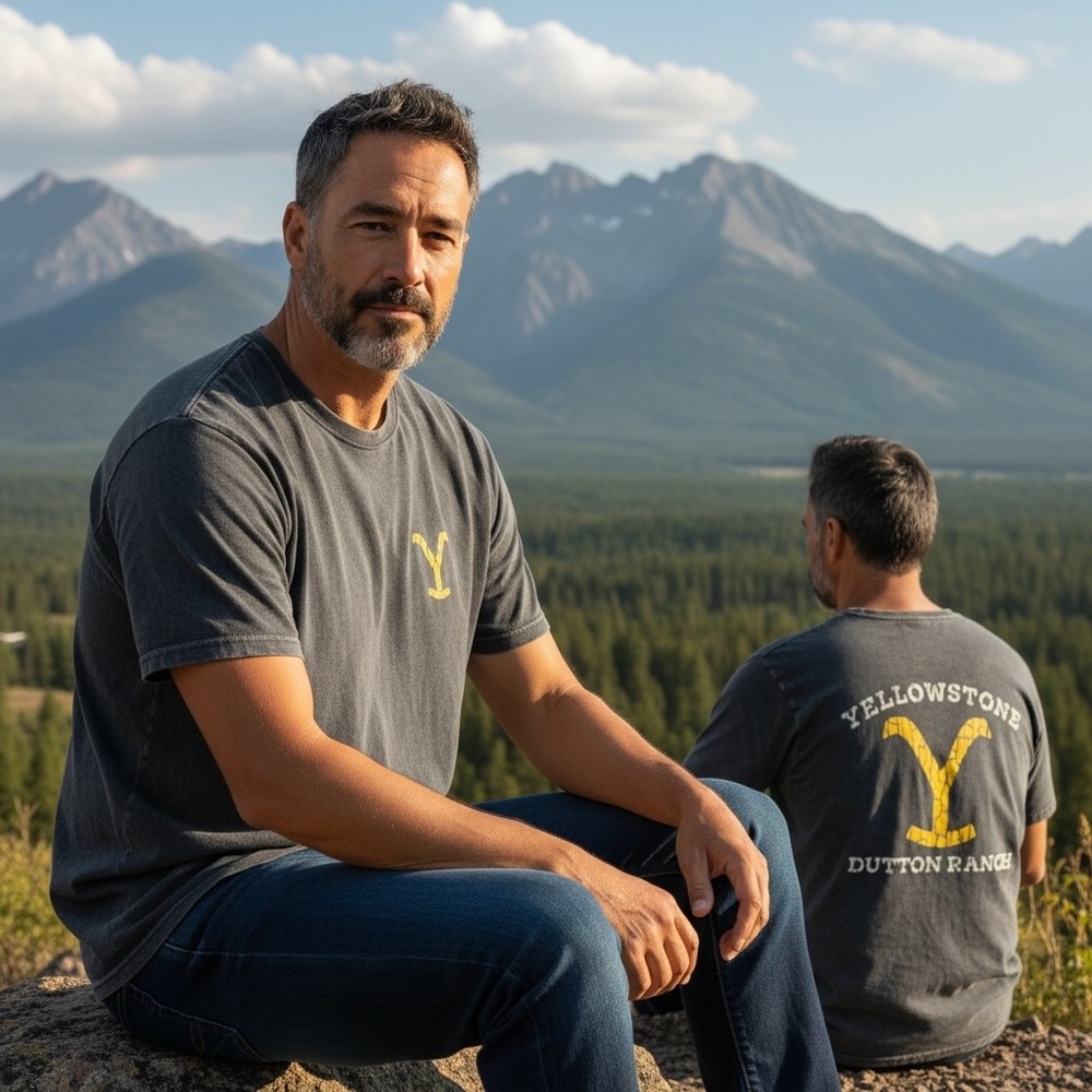 Yellowstone Dutton Ranch Mens Graphic T-Shirt Charcoal Grey Acid Wash Cotton Tee